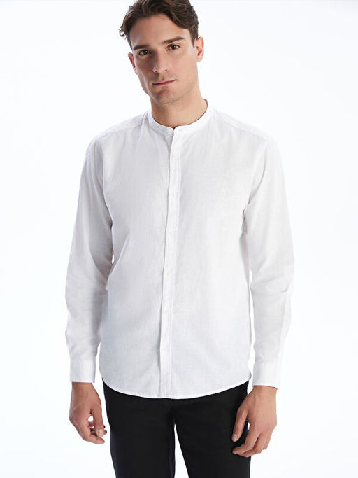 Regular Fit Uzun Kollu Keten Kar???ml? Erkek G?mlek