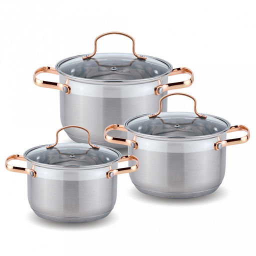Набор посуды из нержавеющей стали "Kelli" 3 предмета: кастрюля 2,1л - д16см, 3л - д18см, 4л - 20см, шкала измерения, зеркальная поверхность, стеклянная крышка, пароотвод, клепаные ручки, 5-ти слойное капсульное дно, цветная коробка (Китай) Подходит д