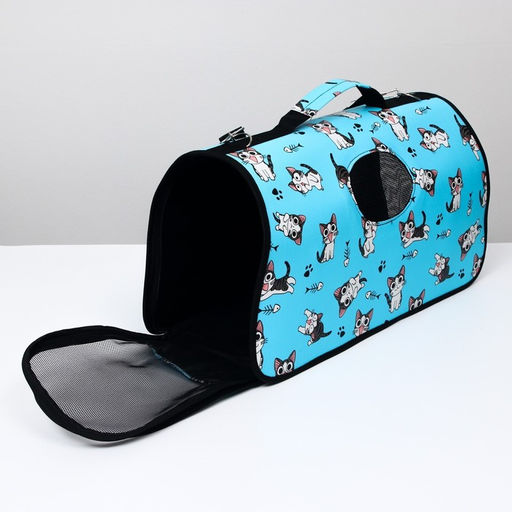 Сумка-переноска каркасная Играющие котики, размер L, 53 х 21 х 29 см, голубая - Пижон фото 2