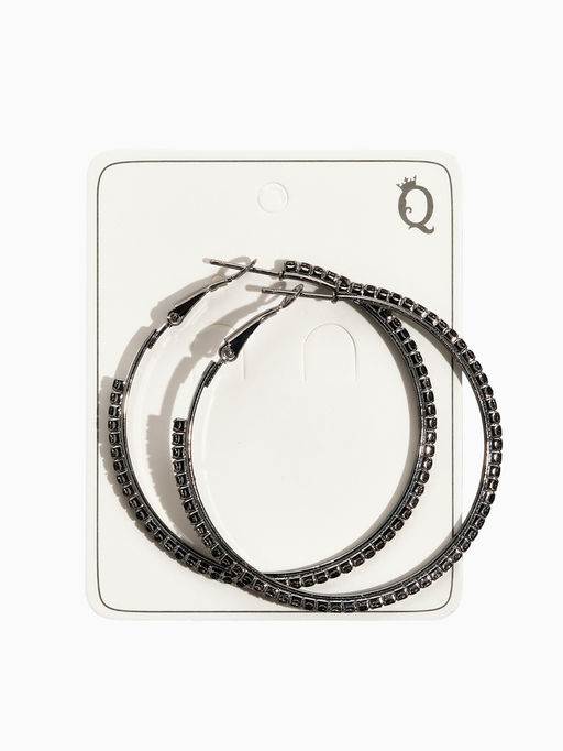 Серьги кольца со стразами QF Сумерки, d=5 см, чёрные в серебре