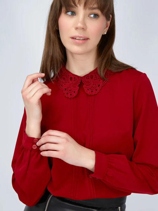 Блузка прямого силуэта из однотонной блузочной ткани бордо - Tantino фото 15