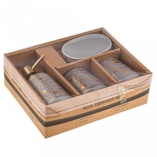 Набор для ванной "Золотые нити" 4 предмета: дозатор для мыла 360мл, д6,4см, h12,3см, основание д7,8см; мыльница 12х8х2,6см; стакан для зубных щеток с разделителем 350мл, д6,6см, h11см, основание д8см, стакан 350мл, д6,6см, h10,3см, основание д8см; фу