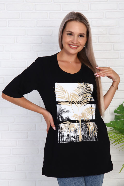 Футболка удлиненная с рисунком листья пальмы, Арт. 786