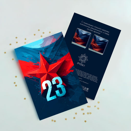 Открытка 2 шоколадки "23 (синяя с флагом России)"