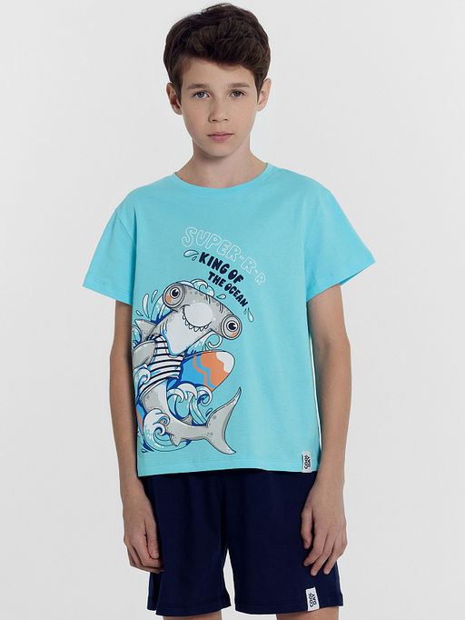Комплект для мальчиков (футболка, шорты) бирюзовый с печатью - Mark formelle фото 2
