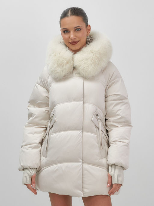 Куртка зимняя женская с мехом и капюшоном тренд бежевого цвета 7737B - Visdeer фото 2