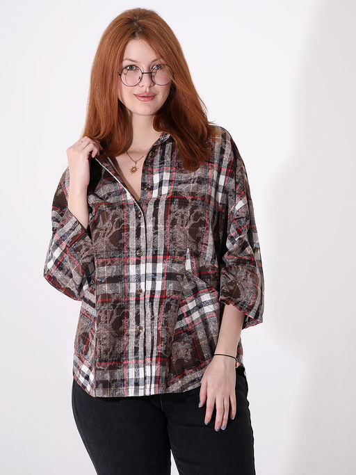 Коричневая рубашка в клетку женская больших размеров - Almond фото 4