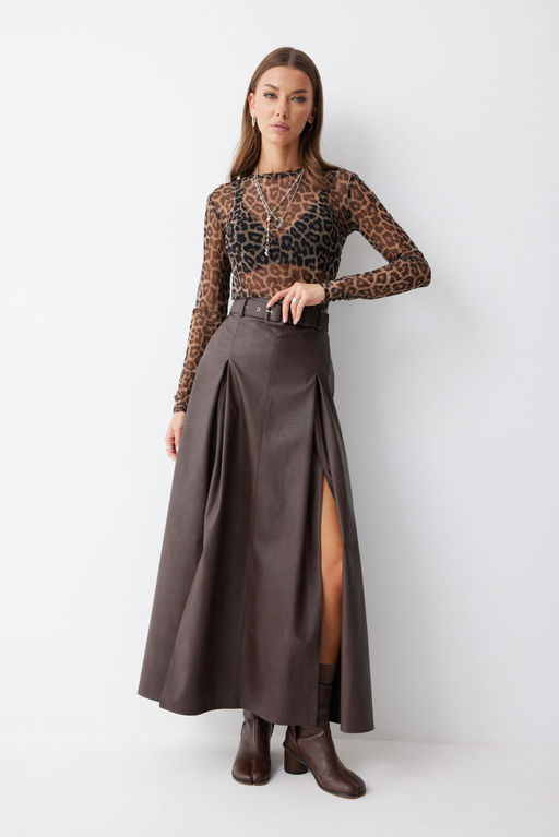 Юбка Lyushe 4187 из экокожи коричневая макси  фото 7