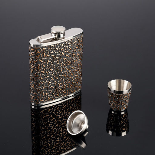 Подарочный набор 3 в 1 Завитки, чёрный с золотистым узором: фляжка 210 мл + воронка и рюмка - Simaland фото 2