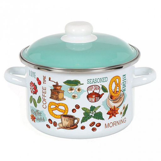 "Утренний кофе" Набор эмалированных кастрюль 3 предмета: 2л, 3л, 4л, цилиндрическая форма, металлическая крышка, белый (Россия)