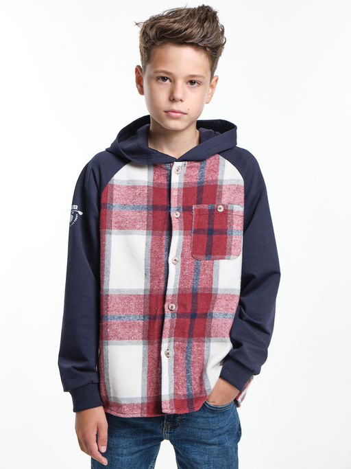 Рубашка подростковая в клетку с капюшоном UD 7982 т.син/бордо клетка - Mini maxi фото 3