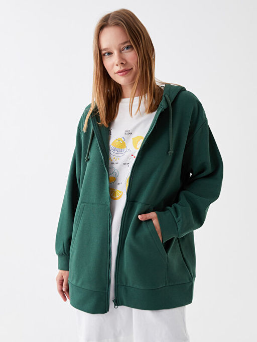 Kap??onlu D?z Oversize Kad?n Kal?n Fermuarl? Sweatshirt