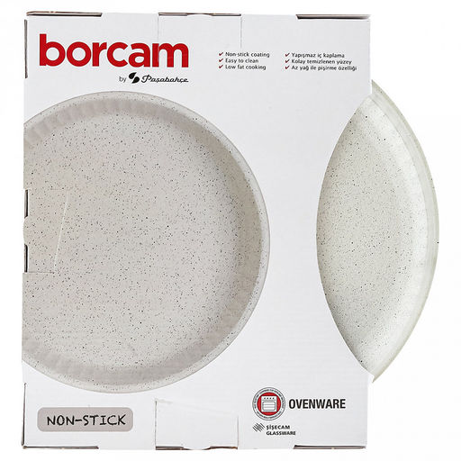 "Боркам (Borcam)" Форма стеклянная жаропрочная 1,72л, д26см, h5см, волнистый бортик, антипригарное покрытие, кремовый, цветная коробка, Pasabahce (Турция)