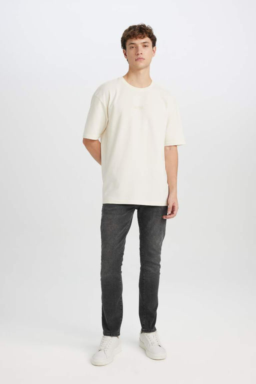 Boxy Fit Bisiklet Yaka Bask?l? K?sa Kollu Ag?r Kumas Tisort - Defacto фото 3