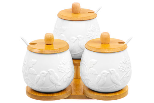 Набор 3 банок д/хранения 400 мл 21*19*17 см Птички на ветке на дер. подставке + ложки - Elan gallery фото 4