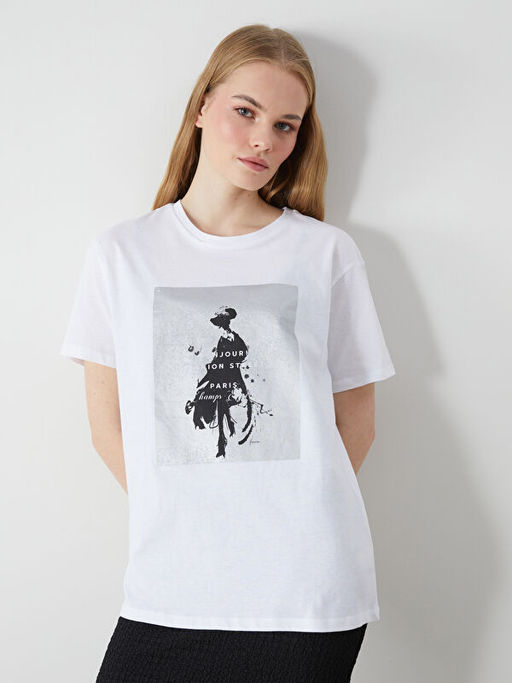 Bisiklet Yaka Paris Bask?l? Kad?n Ti??rt