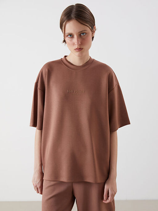 Bisiklet Yaka Bask?l? Oversize Kad?n Ti??rt