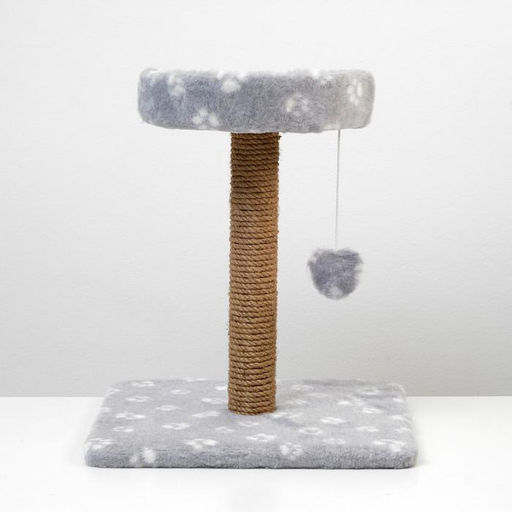 Когтеточка малая Арена с игрушкой, 40 х 40х 50 см, джут, серая с лапками - Пижон фото 3