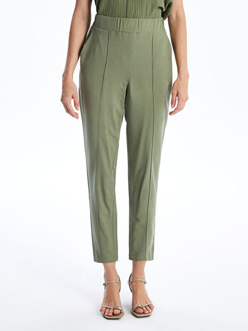 Beli Lastikli D?z Keten Kar???ml? Kad?n Pantolon