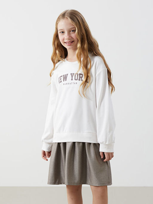 Bisiklet Yaka New York Bask?l? K?z ?ocuk Elbise