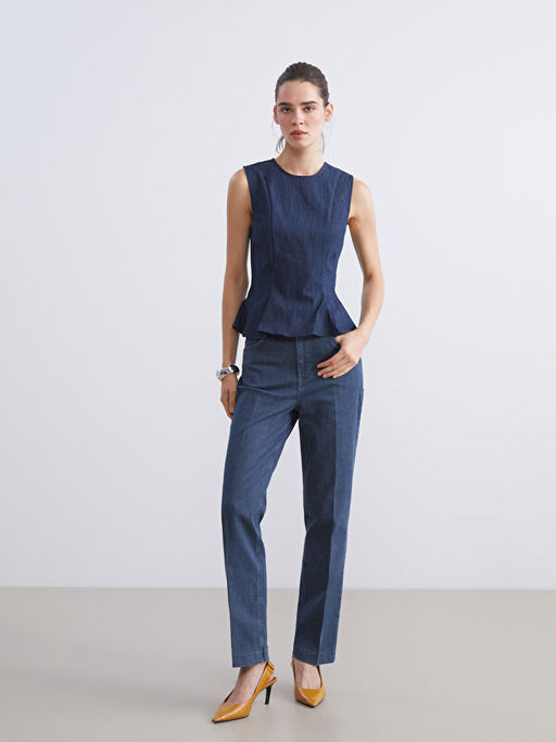 Bisiklet Yaka Peplum Jean Bluz