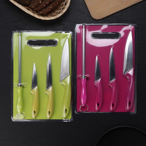 Набор кухонных принадлежностей, 5 предметов: ножи 9 см, 12 см, 15 см, мусат, доска, цвет МИКС - Simaland фото 3