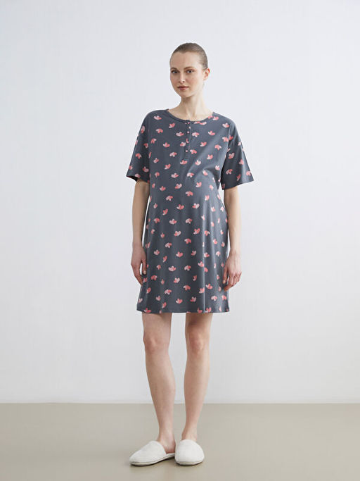 Bisiklet Yaka Kalp Desenli Kad?n Gecelik