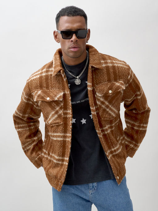 Куртка рубашка шерстяная в клетку мужская демисезонная горчичного цвета 58596G