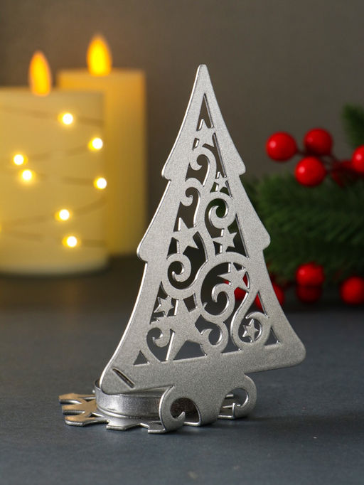 Подсвечник на 1 свечу Ёлка новогодняя со звёздами, металл, серебряный, 6.6?9?12.5 см