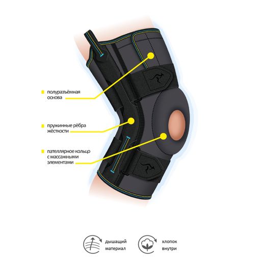 Бандаж на коленный сустав полуразъемный с пателлярным кольцом, пружинными вставками и ремнями для фи