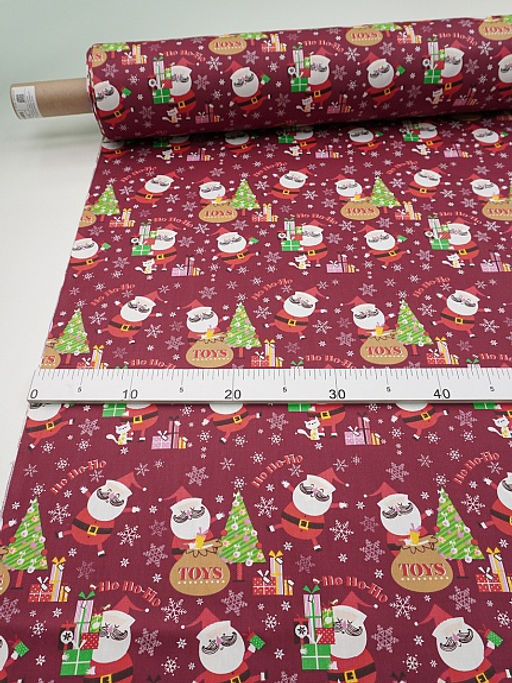 Сатин "Веселый Санта" цв.бордово-свекольный, ш.1.6м, хлопок-100%, 110гр/м.кв