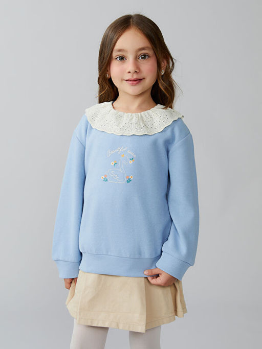 Bisiklet Yaka ?i?ekli K?z ?ocuk Sweatshirt 2li