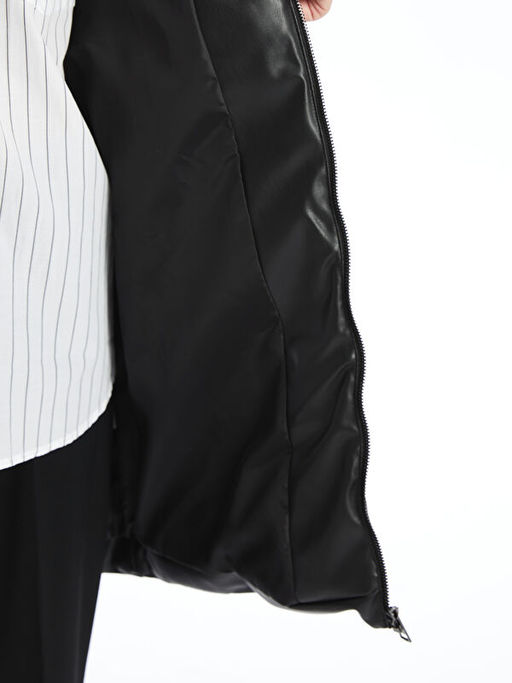 Kap??onlu D?z Deri G?r?n?ml? Kad?n ?i?me Yelek