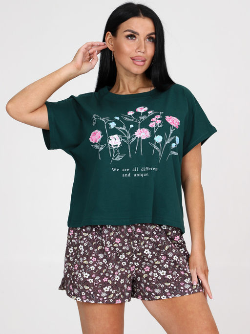 231 ПИЖАМА ЖЕНСКАЯ (шорты) (Изумруд/коричневый) - А-дина фото 3