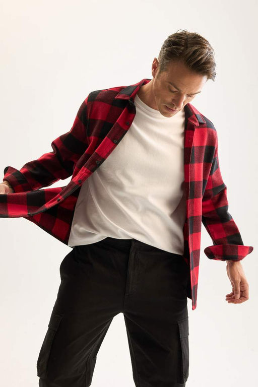 Мужская красная фланелевая рубашка с длинными рукавами и воротником-поло стандартного кроя в клетку Lumberjack - Defacto фото 3