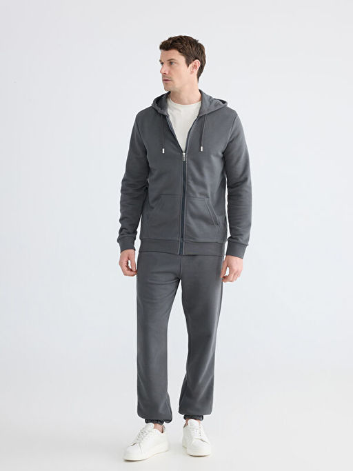 Standart Kal?p Kap??onlu Erkek Fermuarl? Sweatshirt