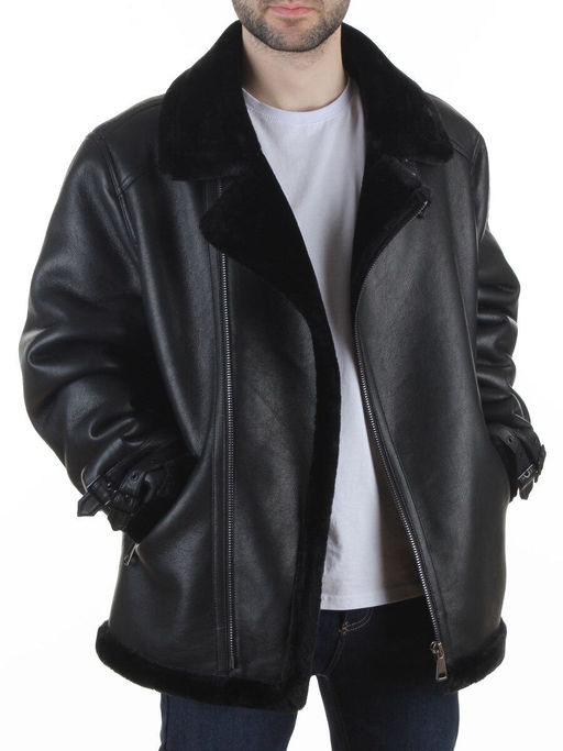 506186530 BLACK Куртка мужская зимняя "Пилот" (искусственная кожа, искусственный мех)