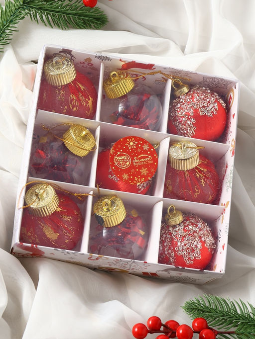 Ёлочные игрушки Капризы зимы, шары новогодние, d=6 см, 9 шт. красный - Зимнее волшебство фото 5