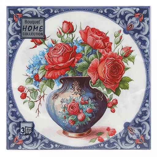 Салфетки бумажные Bouquet Home Collection Classic 33х33см, 3-х слойные, 20 штук в упаковке, 100% целлюлоза, Ваза с розами (Россия)  фото 2