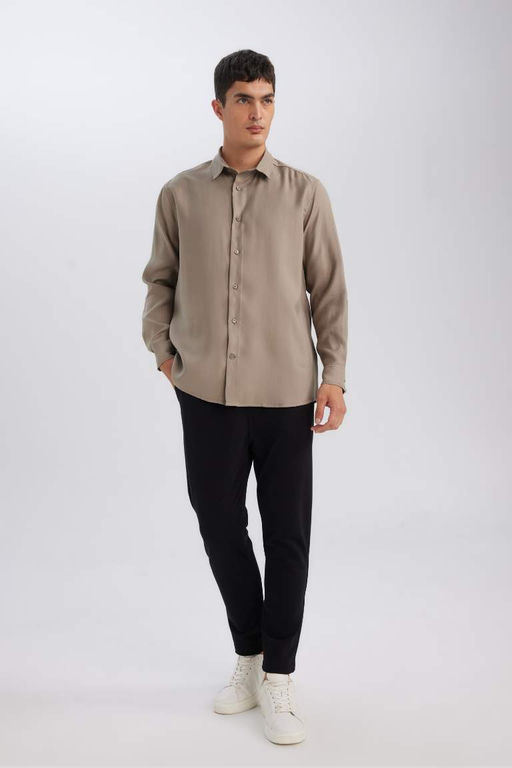 Мужская рубашка цвета хаки с повседневным кроем и воротником-поло из саржевой ткани, смешанная модальная однотонная рубашка с длинными рукавами - Defacto фото 2