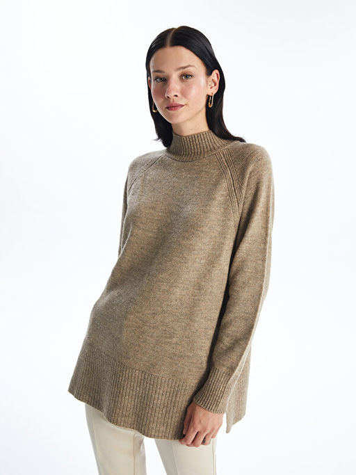 Dik Yaka D?z Oversize Kad?n Triko Tunik