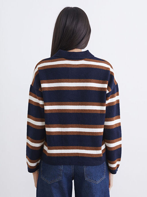 Polo Yaka ?izgili Kad?n Triko Kazak