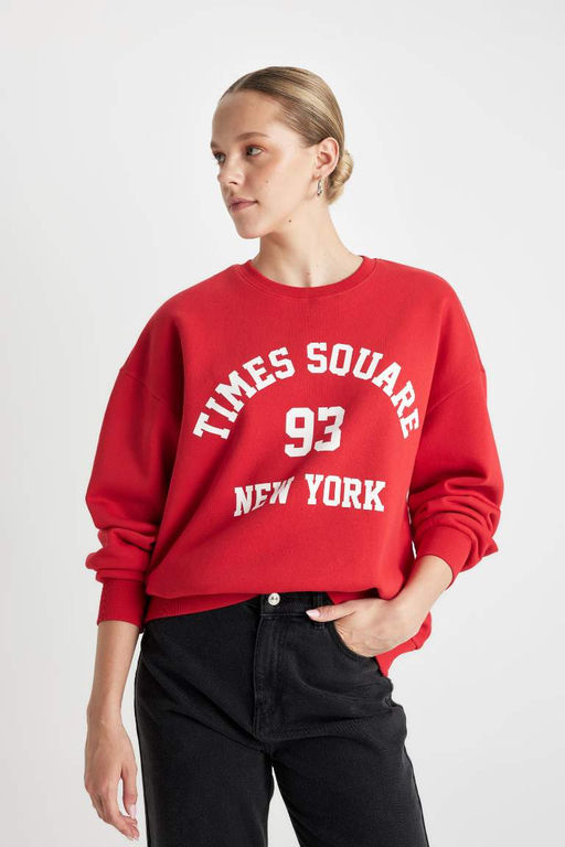 Толстовка из плотной ткани свободного кроя с круглым вырезом и принтом - Defacto фото 3