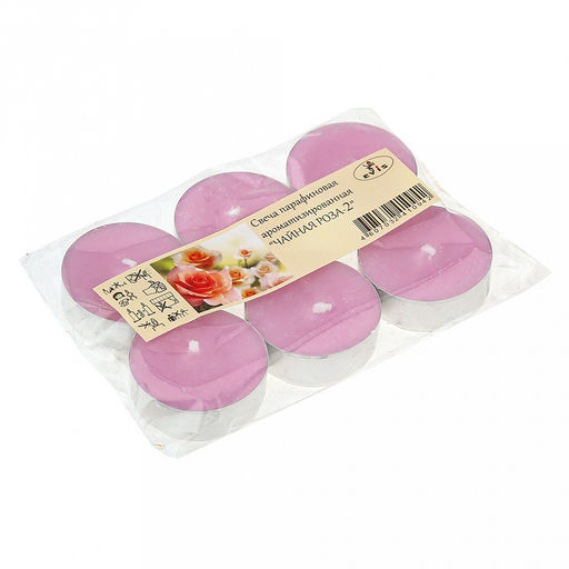 Свеча чайная "Чайная роза" д3,7см, h1,5см, ароматизированная, парафин, малая, время горения 4 часа, 15гр, набор 6шт (Россия)