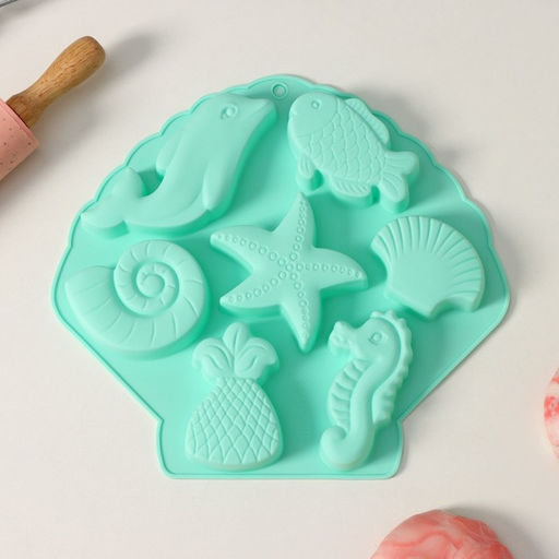 Форма для выпечки Доляна «Морские обитатели», силикон, 26×24×2.5 см, 7 ячеек, бирюзовая