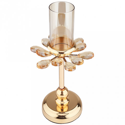 Подсвечник металлический "Аурелия" h28см, чаша с колбой стекло д5см, h10см, нескользящее основание д10см, золотой/янтарный, в коробке (Китай)