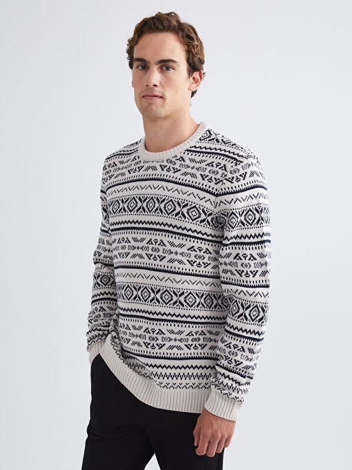 Bisiklet Yaka Desenli Erkek Triko Kazak