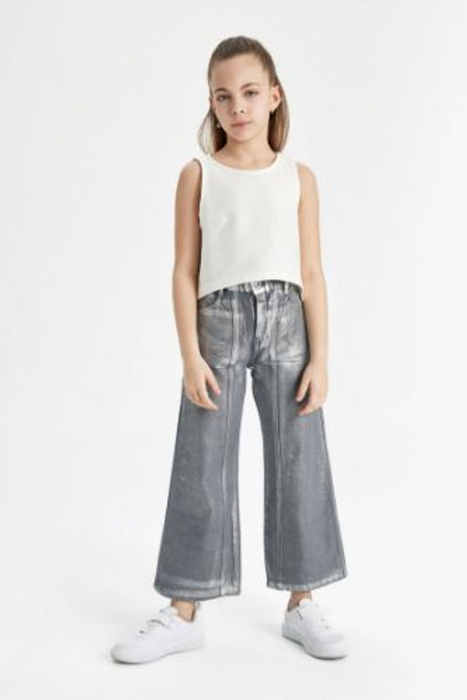 K?z Cocuk Wide Leg Genis Bol Paca Parlak Jean Pantolon