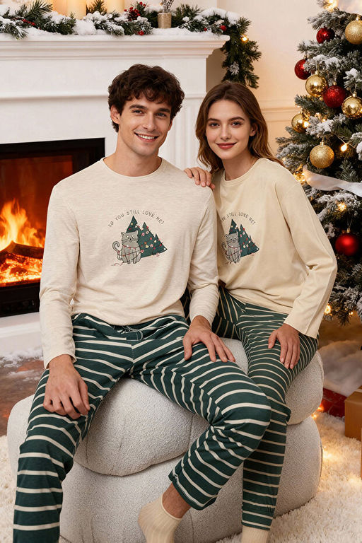 Erkek Bej _izgili Regular Fit Couple Y_lba__ _rme Pijama Tak_m_ TMNAW25PT00045 - Trendyolmilla фото 2