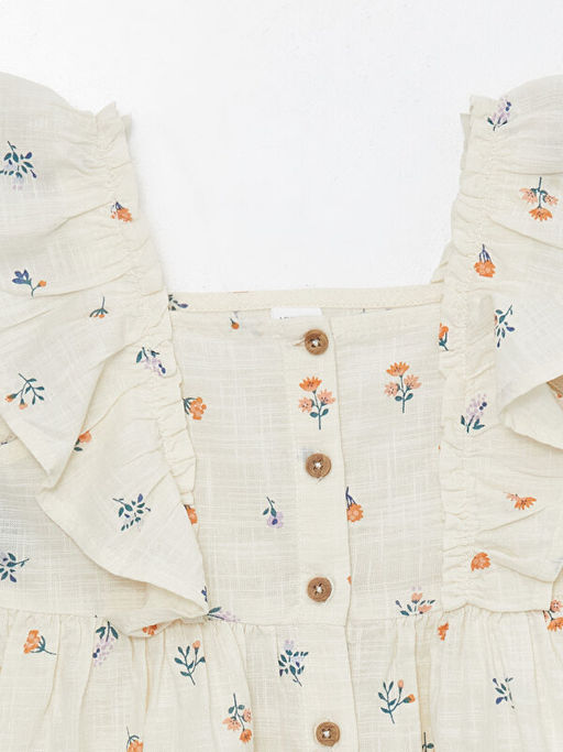 Kare Yaka ?i?ek Desenli K?z Bebek Elbise